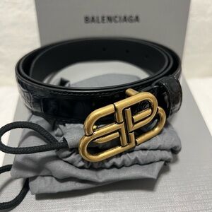 Balenciaga BB Thin Belt in black crocodile embossed calfskin